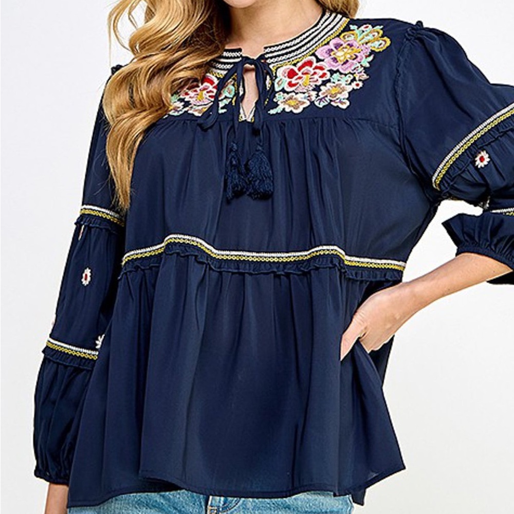 Piper & Scoot Navy Embroidered Peasant Floral Bohemian Blouse Balloon Sleeve
